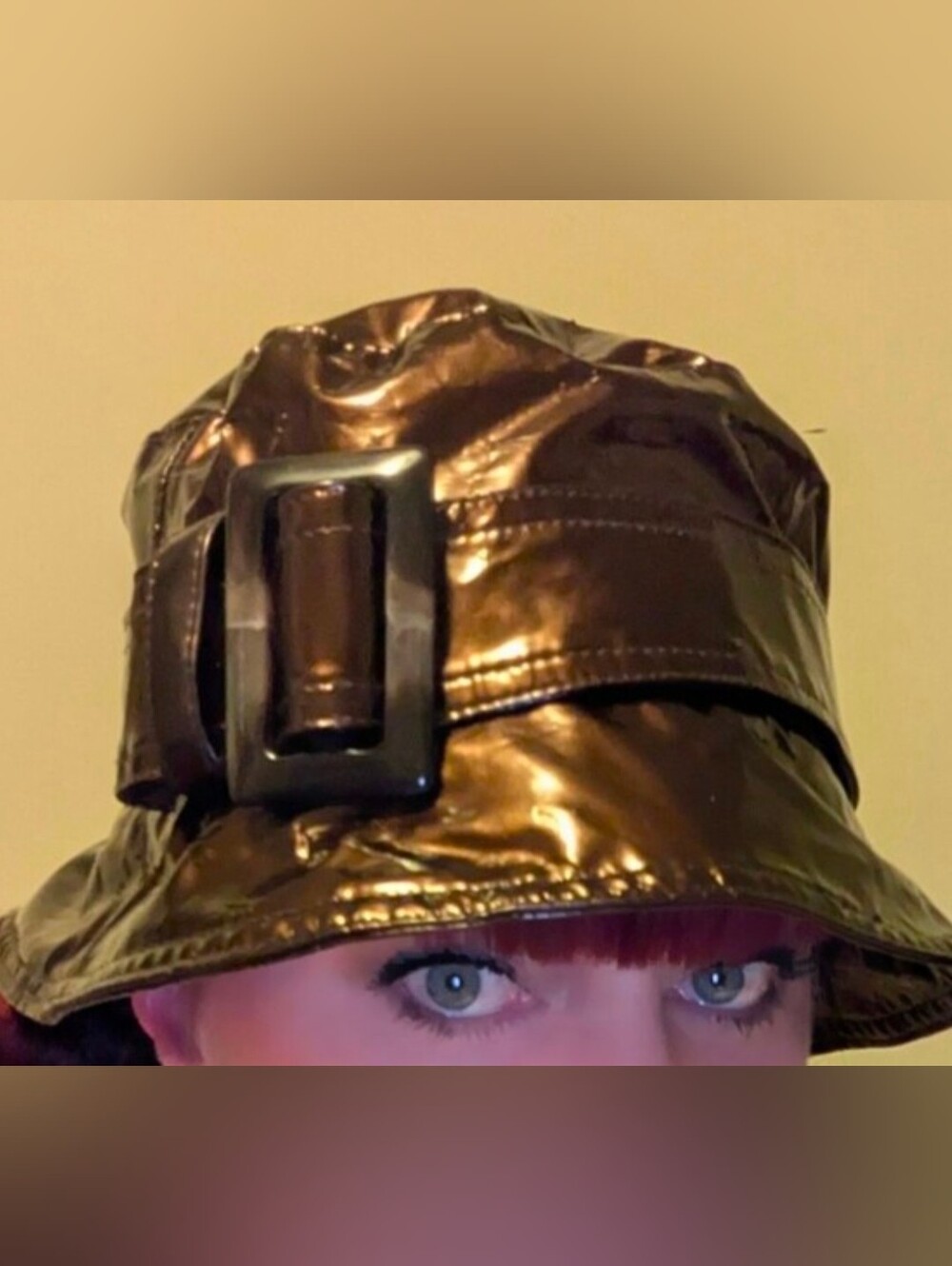 Baroness Ashley Retro Bronze Vinyl Rain Bucket Hat, Sizeable, Corduroy Lined